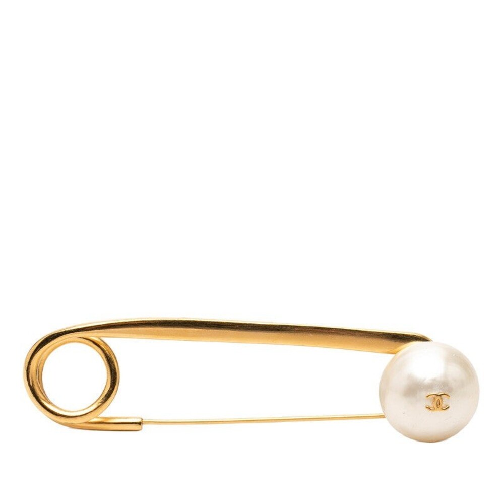Chanel CC Logo Vintage Brooch Safety Pin 97P Gold Plated Faux Pearl